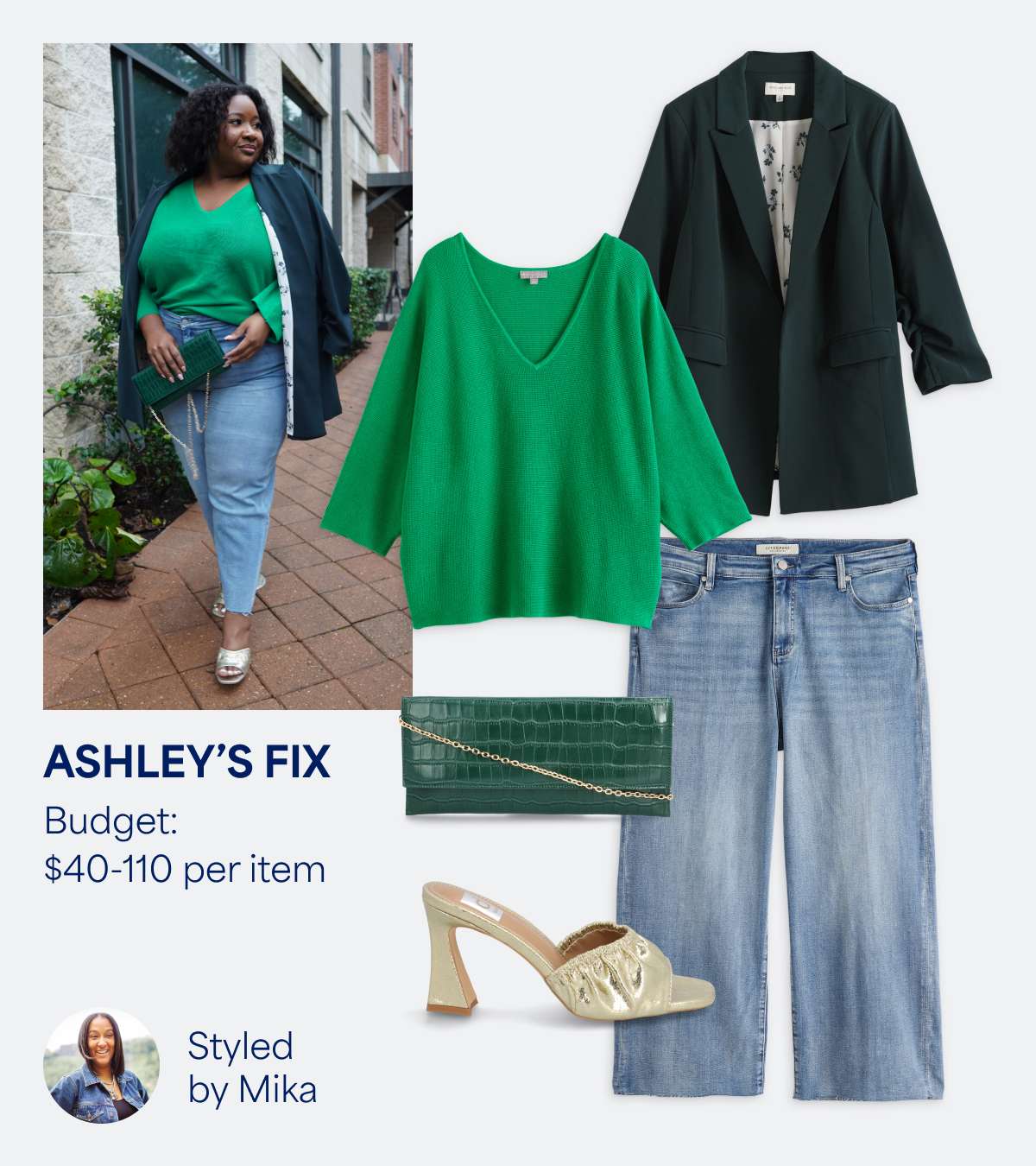 Stitch Fix styled by Mika for Ashley: green v-neck top, dark blazer, wide-leg jeans, heels and clutch. Budget: $40–$110 per item.